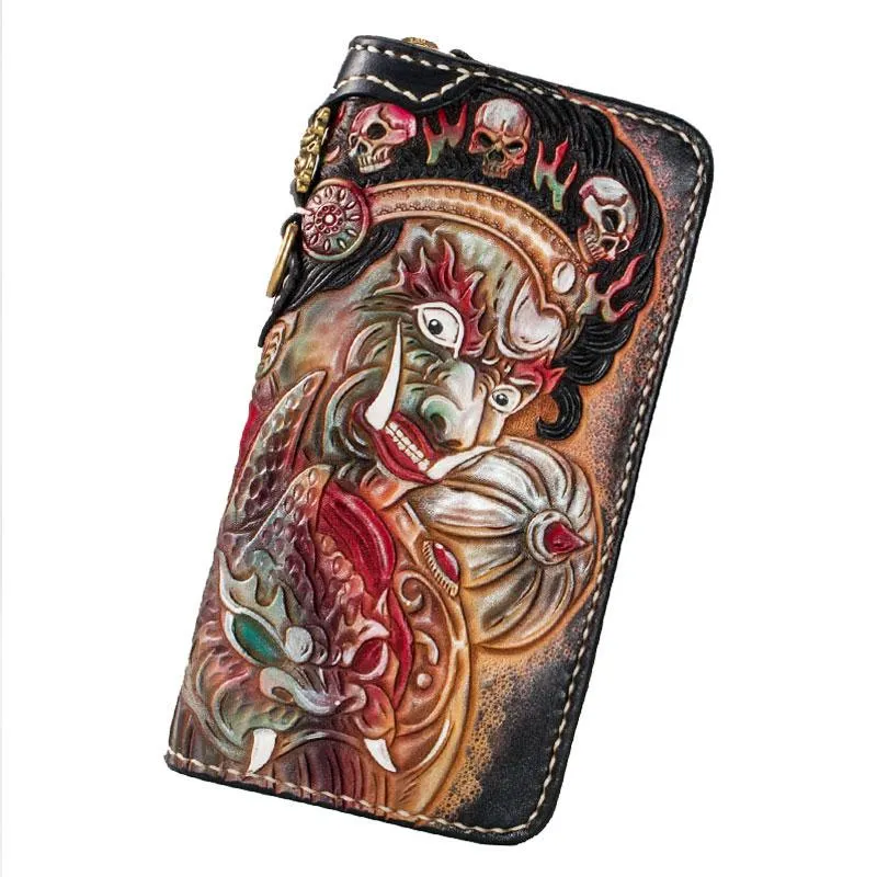 Handmade Leather Tooled Mah??k??la Mens Chain Biker Wallet Cool Leather Wallet Long Clutch Wallets for Men