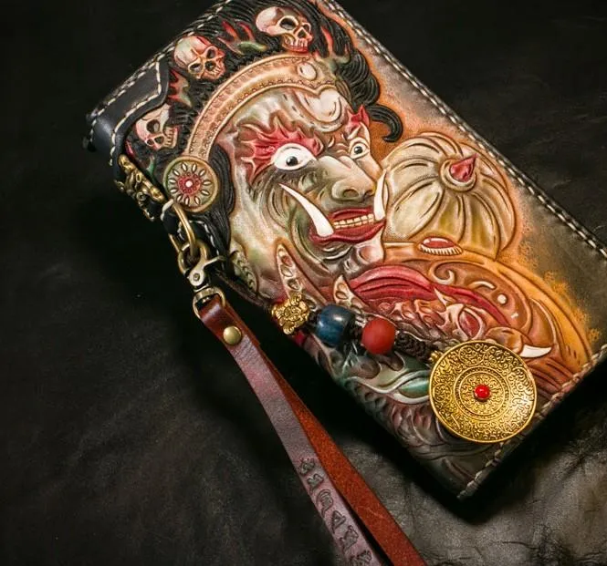 Handmade Leather Tooled Mah??k??la Mens Chain Biker Wallet Cool Leather Wallet Long Clutch Wallets for Men
