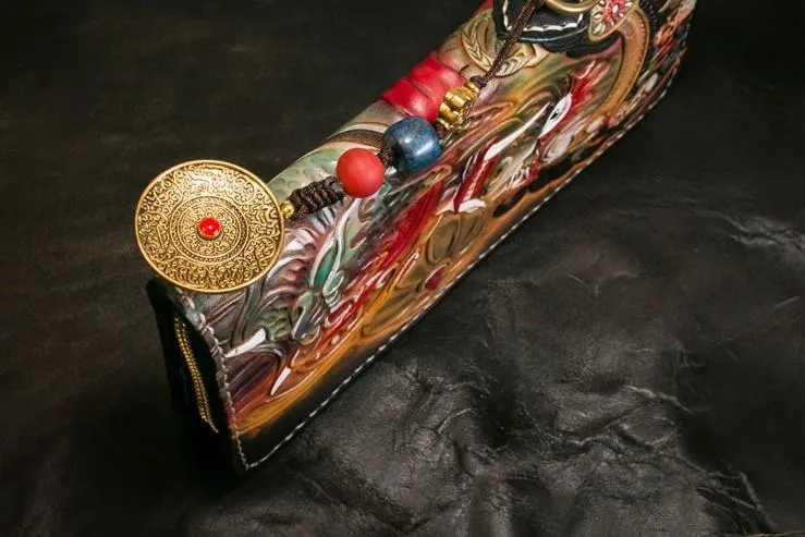 Handmade Leather Tooled Mah??k??la Mens Chain Biker Wallet Cool Leather Wallet Long Clutch Wallets for Men