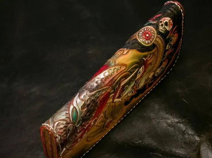 Handmade Leather Tooled Mah??k??la Mens Chain Biker Wallet Cool Leather Wallet Long Clutch Wallets for Men