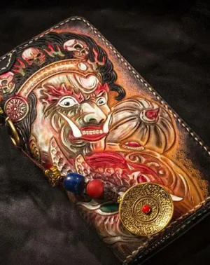 Handmade Leather Tooled Mah??k??la Mens Chain Biker Wallet Cool Leather Wallet Long Clutch Wallets for Men