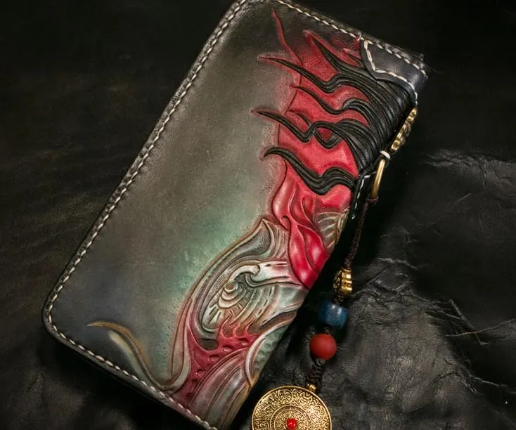 Handmade Leather Tooled Mah??k??la Mens Chain Biker Wallet Cool Leather Wallet Long Clutch Wallets for Men