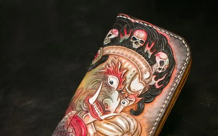 Handmade Leather Tooled Mah??k??la Mens Chain Biker Wallet Cool Leather Wallet Long Clutch Wallets for Men