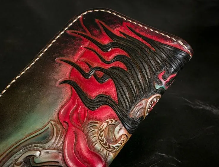 Handmade Leather Tooled Mah??k??la Mens Chain Biker Wallet Cool Leather Wallet Long Clutch Wallets for Men