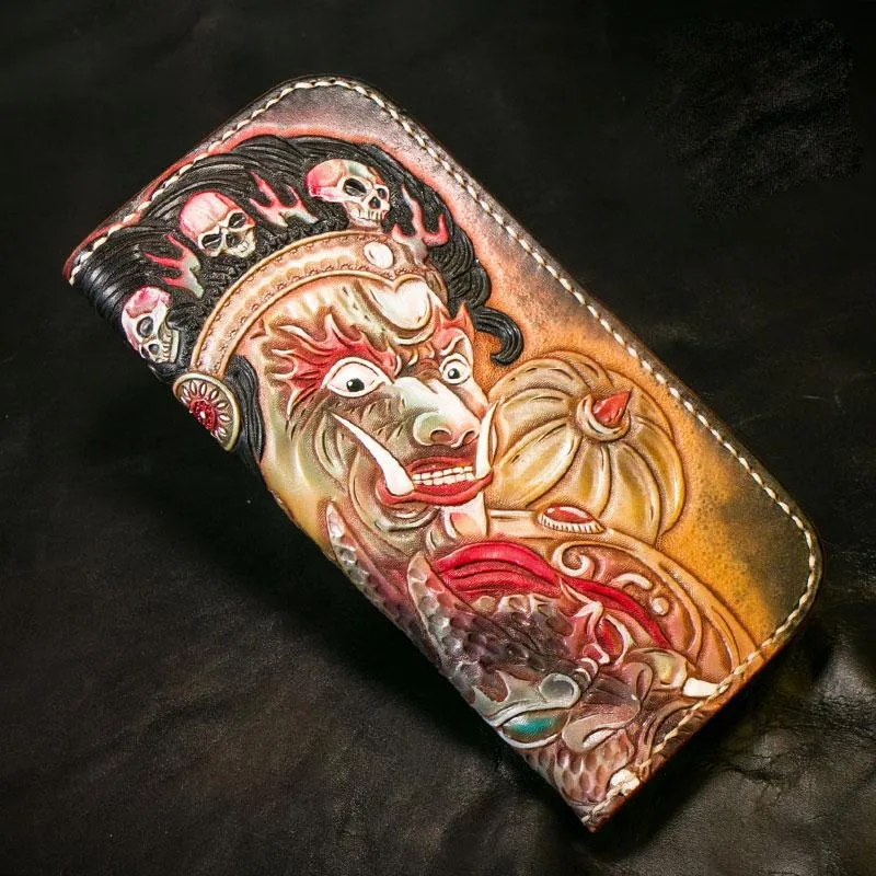 Handmade Leather Tooled Mah??k??la Mens Chain Biker Wallet Cool Leather Wallet Long Clutch Wallets for Men