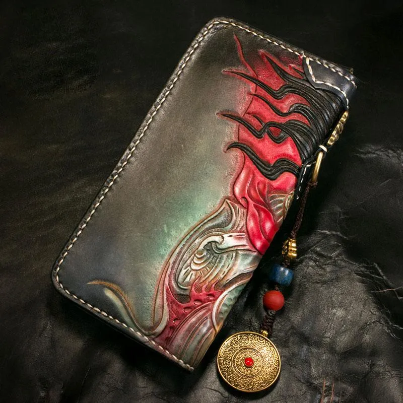 Handmade Leather Tooled Mah??k??la Mens Chain Biker Wallet Cool Leather Wallet Long Clutch Wallets for Men