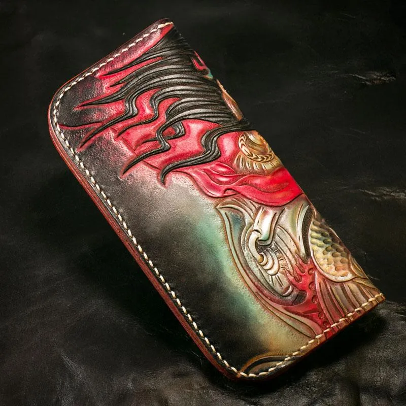 Handmade Leather Tooled Mah??k??la Mens Chain Biker Wallet Cool Leather Wallet Long Clutch Wallets for Men