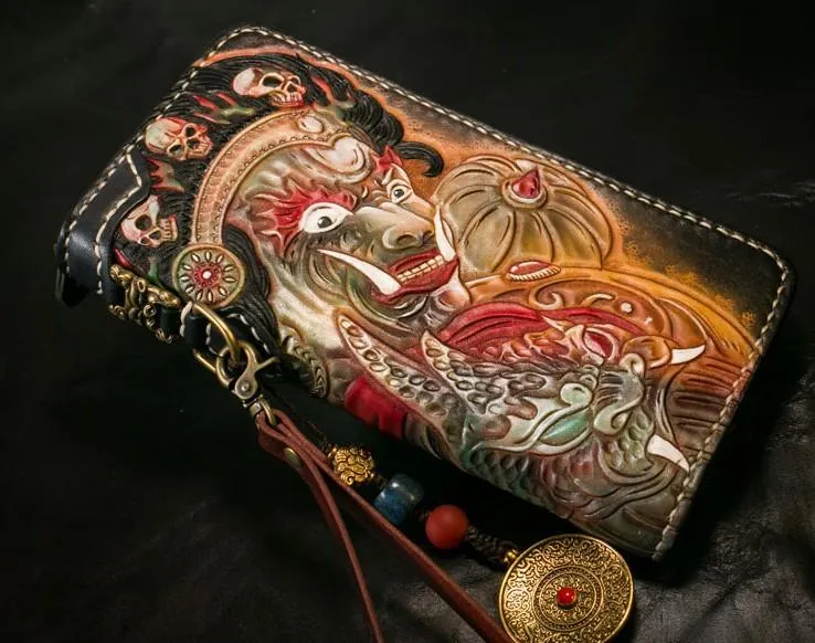 Handmade Leather Tooled Mah??k??la Mens Chain Biker Wallet Cool Leather Wallet Long Clutch Wallets for Men
