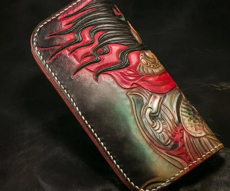 Handmade Leather Tooled Mah??k??la Mens Chain Biker Wallet Cool Leather Wallet Long Clutch Wallets for Men