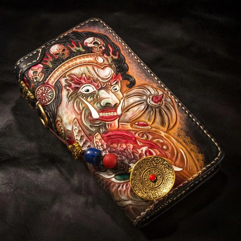 Handmade Leather Tooled Mah??k??la Mens Chain Biker Wallet Cool Leather Wallet Long Clutch Wallets for Men
