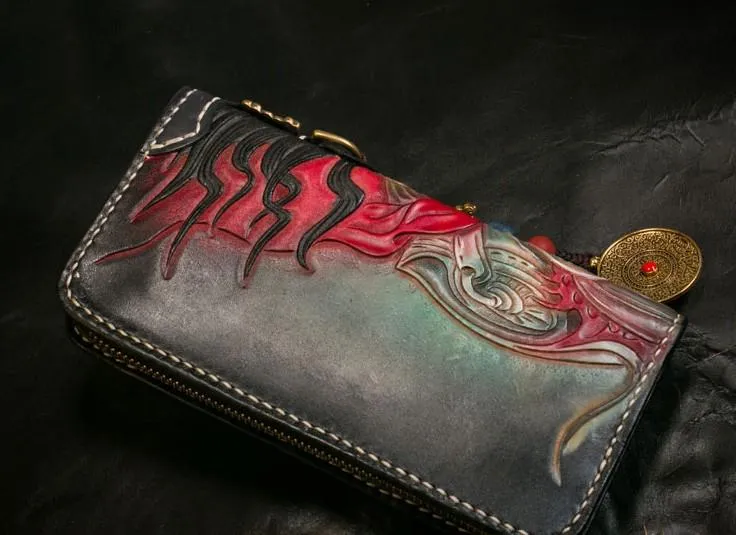 Handmade Leather Tooled Mah??k??la Mens Chain Biker Wallet Cool Leather Wallet Long Clutch Wallets for Men