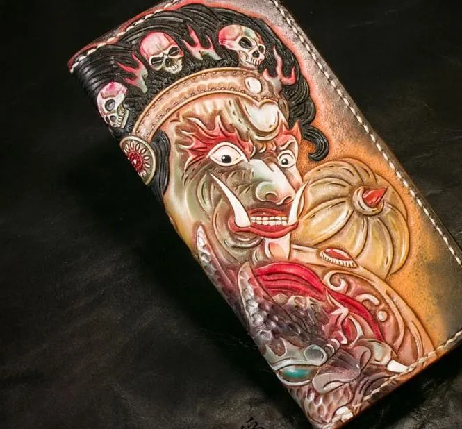 Handmade Leather Tooled Mah??k??la Mens Chain Biker Wallet Cool Leather Wallet Long Clutch Wallets for Men