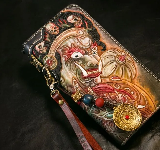 Handmade Leather Tooled Mah??k??la Mens Chain Biker Wallet Cool Leather Wallet Long Clutch Wallets for Men