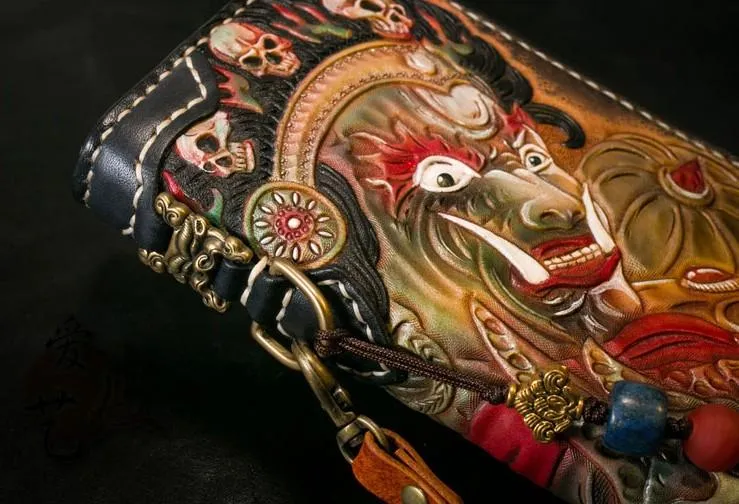 Handmade Leather Tooled Mah??k??la Mens Chain Biker Wallet Cool Leather Wallet Long Clutch Wallets for Men