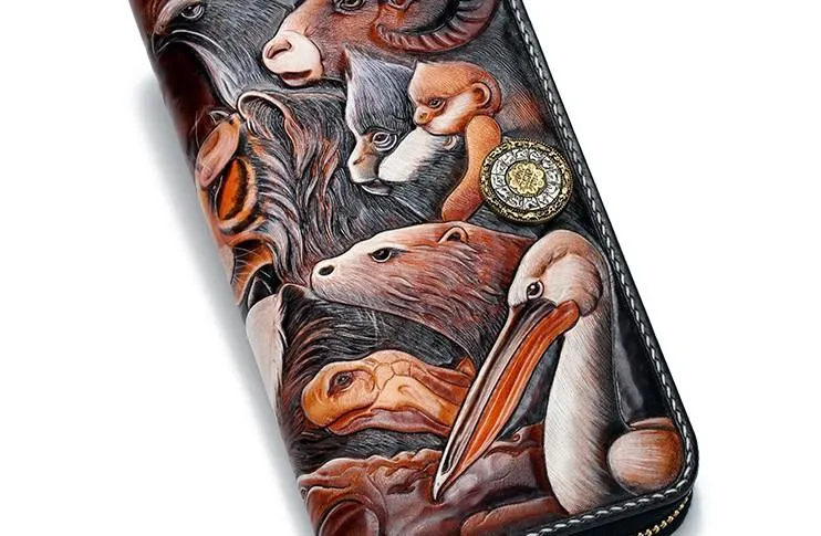 Handmade Leather Tooled The Animals Mens Chain Zipper Biker Wallet Cool Leather Wallet Long Phone Wallets for Men