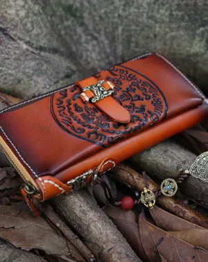 Handmade Leather Tooled Tibetan Totem Long Biker Wallet Cool Zipper Clutch Wristlet Wallet for Men