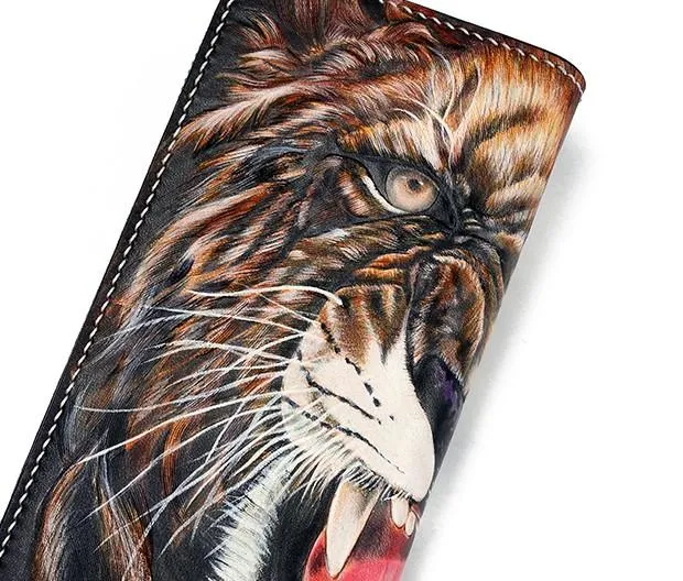 Handmade Leather Tooled Tiger Mens Chain Zipper Biker Wallet Cool Leather Wallet Long Phone Wallets for Men