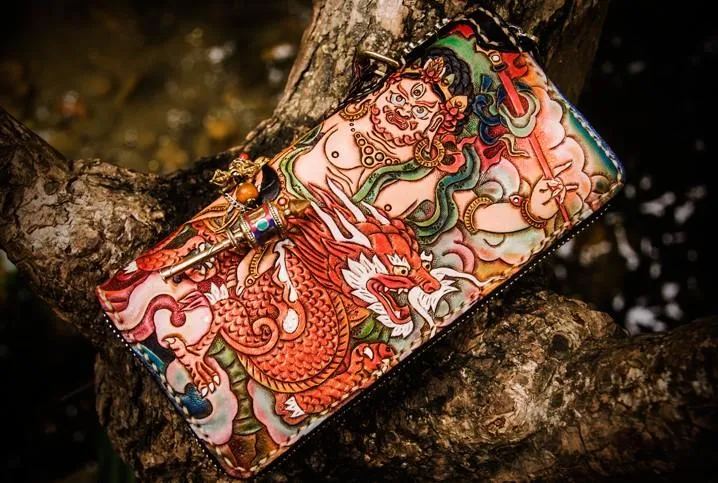 Handmade Leather Tooled White Jambhala Mens Chain Biker Wallet Cool Leather Wallet Zipper Long Phone Wallets for Men