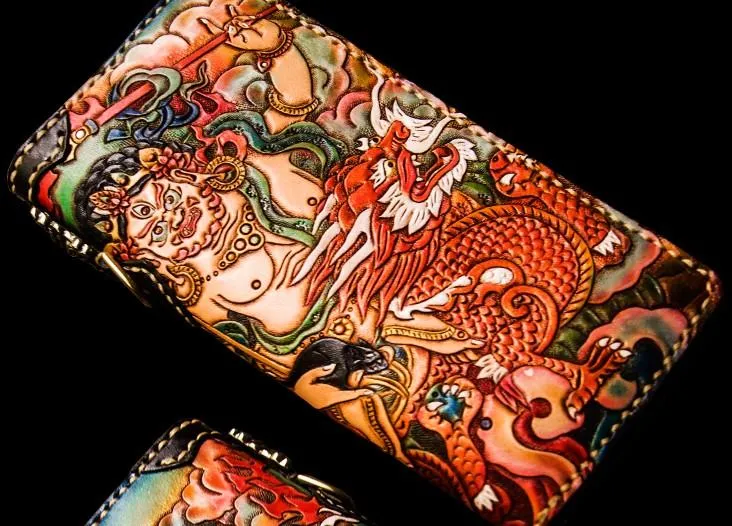 Handmade Leather Tooled White Jambhala Mens Chain Biker Wallet Cool Leather Wallet Zipper Long Phone Wallets for Men