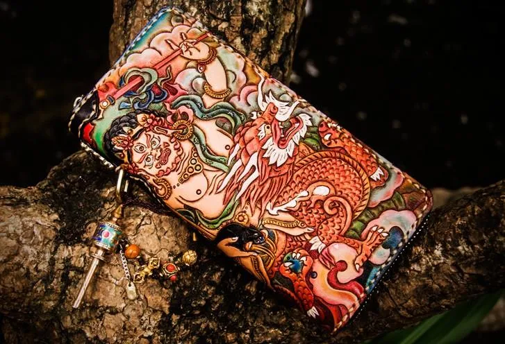 Handmade Leather Tooled White Jambhala Mens Chain Biker Wallet Cool Leather Wallet Zipper Long Phone Wallets for Men