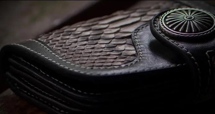 Handmade Leather Wallet Biker Wallet Snake Skin Wallet Cool Wallets for Men Biker Chain Wallet