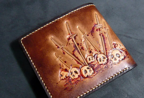 Handmade leather wallet men Japanese general Skull carved leather billfold wallet for him