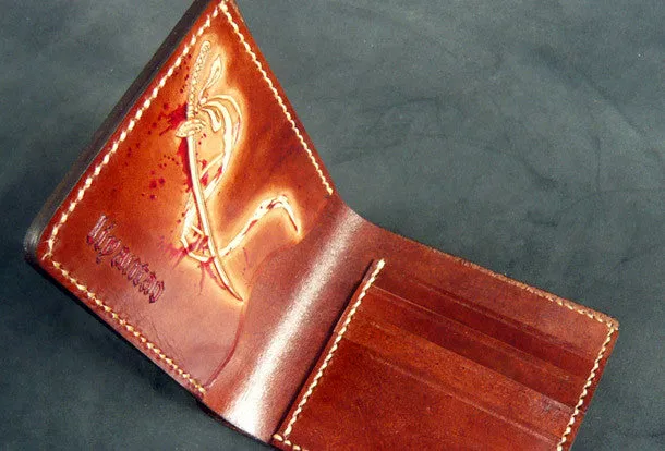Handmade leather wallet men Japanese general Skull carved leather billfold wallet for him