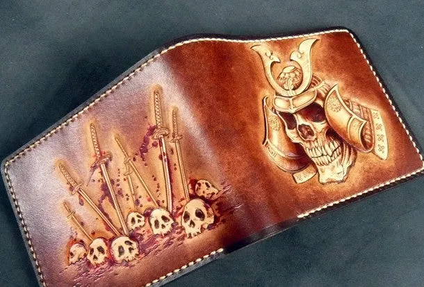 Handmade leather wallet men Japanese general Skull carved leather billfold wallet for him