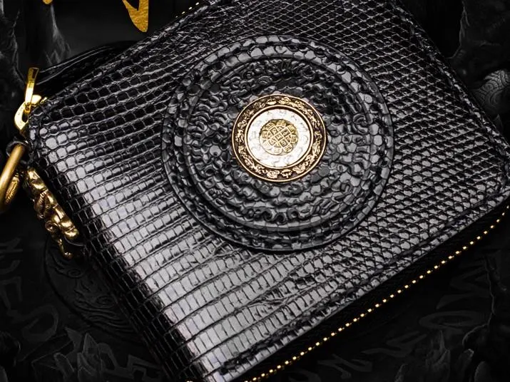 Handmade LIZARD SKIN Leather Black Biker Wallet Mens Cool billfold Chain Wallet Trucker Wallet with Chain
