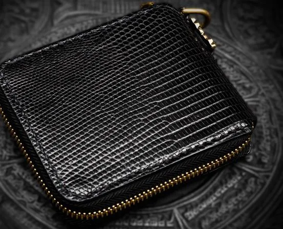 Handmade LIZARD SKIN Leather Black Biker Wallet Mens Cool billfold Chain Wallet Trucker Wallet with Chain