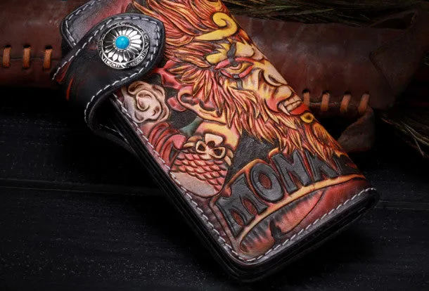 Handmade Long leather biker trucker Monkey King wallet leather chain men Brown Tooled wallet