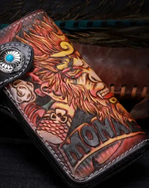 Handmade Long leather biker trucker Monkey King wallet leather chain men Brown Tooled wallet