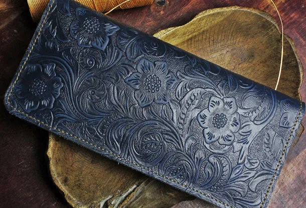 Handmade Long Leather Wallet Floral Bifold Leather Purse Wallet Clutch For Men Women