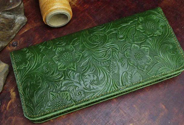 Handmade Long Leather Wallet Floral Bifold Leather Purse Wallet Clutch For Men Women