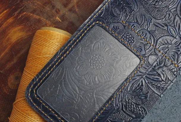 Handmade Long Leather Wallet Floral Bifold Leather Purse Wallet Clutch For Men Women