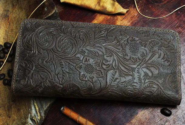Handmade Long Leather Wallet Floral Bifold Leather Purse Wallet Clutch For Men Women