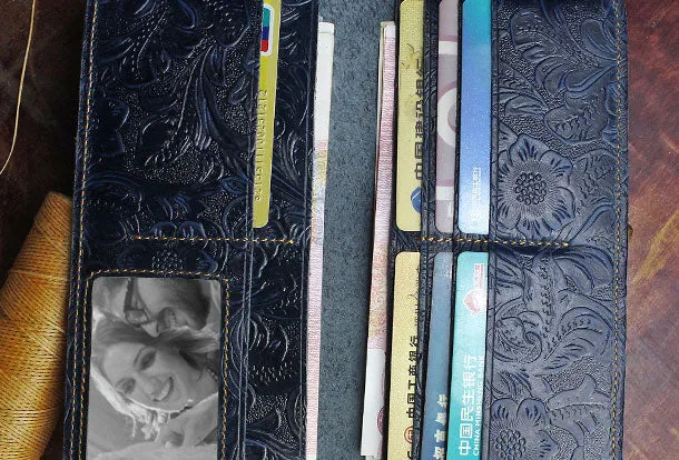 Handmade Long Leather Wallet Floral Bifold Leather Purse Wallet Clutch For Men Women