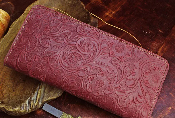 Handmade Long Leather Wallet Floral Bifold Leather Purse Wallet Clutch For Men Women