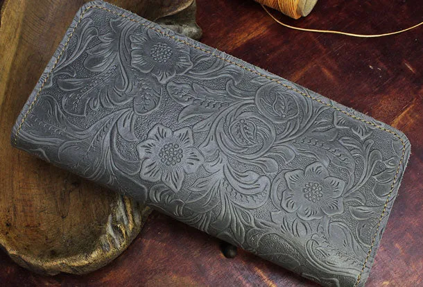 Handmade Long Leather Wallet Floral Bifold Leather Purse Wallet Clutch For Men Women