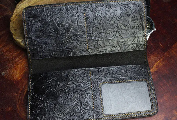 Handmade Long Leather Wallet Floral Bifold Leather Purse Wallet Clutch For Men Women
