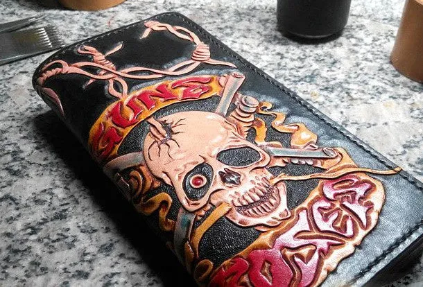 Handmade Long leather wallet men guns & roses skull black tooled carved long wallet for him