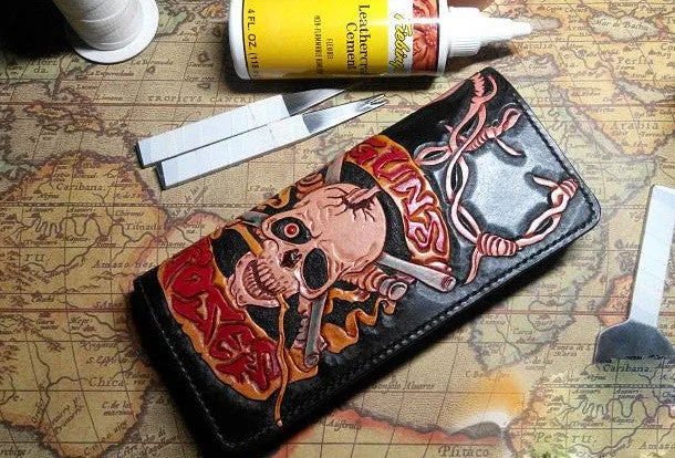 Handmade Long leather wallet men guns & roses skull black tooled carved long wallet for him