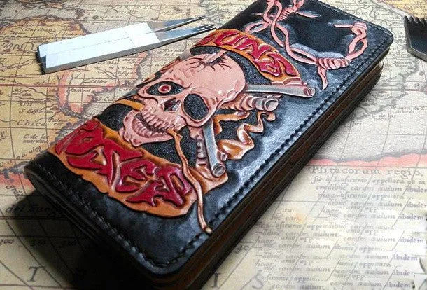 Handmade Long leather wallet men guns & roses skull black tooled carved long wallet for him