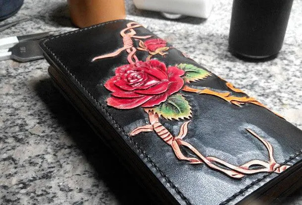 Handmade Long leather wallet men guns & roses skull black tooled carved long wallet for him
