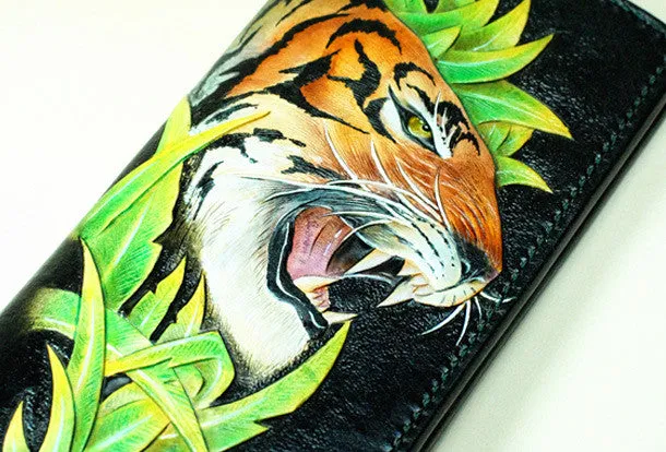 Handmade Long leather wallet men tiger black tooled carved long wallet for him