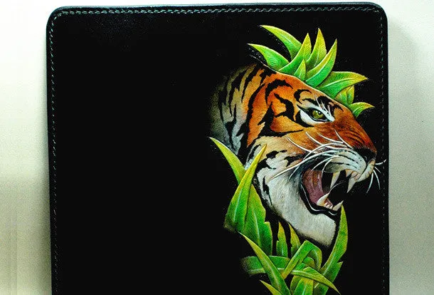 Handmade Long leather wallet men tiger black tooled carved long wallet for him