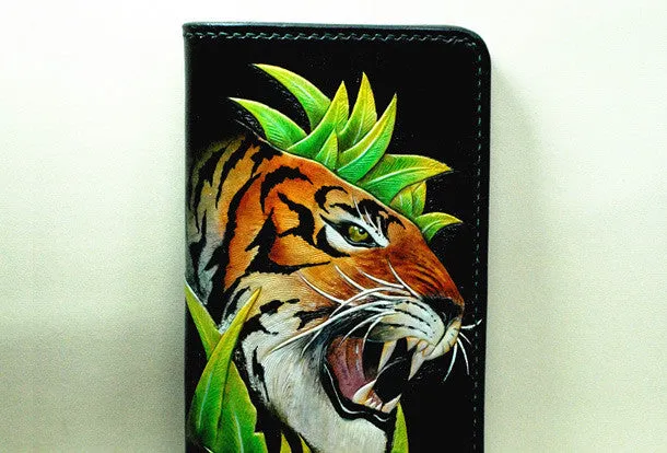Handmade Long leather wallet men tiger black tooled carved long wallet for him