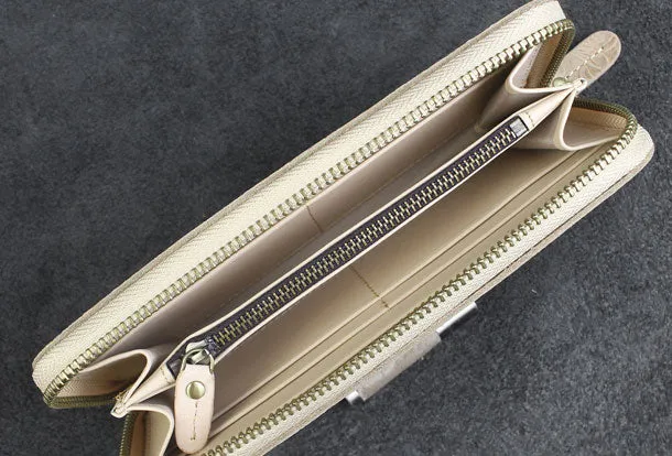 Handmade long leather wallets floral Zipper leather clutch wallet for women men