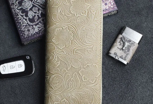 Handmade long leather wallets floral Zipper leather clutch wallet for women men