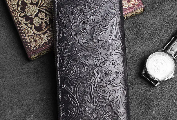 Handmade long leather wallets floral Zipper leather clutch wallet for women men